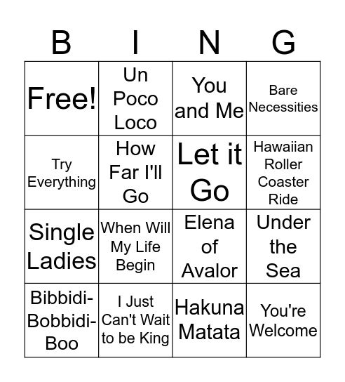 Disney & Cartoon Theme Songs # 3A Bingo Card