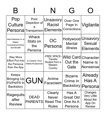 Rejected App Bingo Card