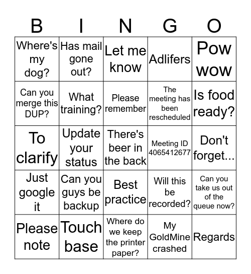 AL Admin Bingo Card