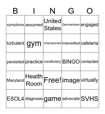 ESOL 4 Vocabulary List- Unit 4 REading 4 Bingo Card