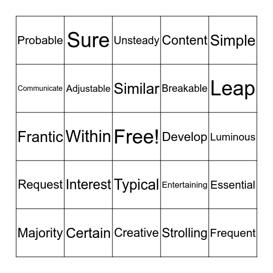 Synonym/Antonym Bingo  Bingo Card