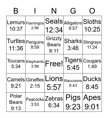 Feeding Time at the Zoo Bingo Card
