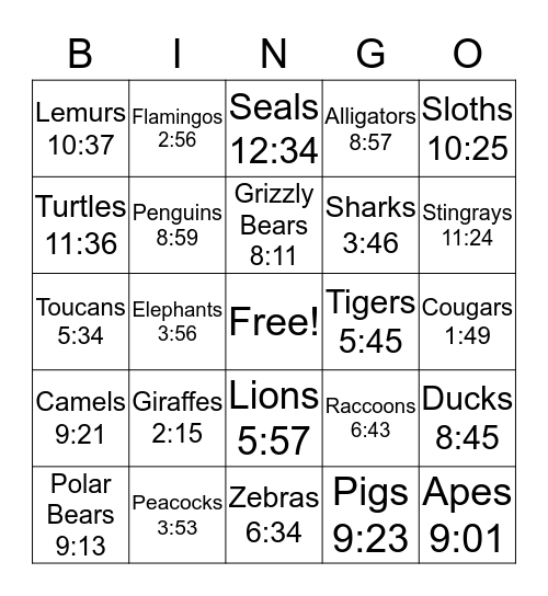 Feeding Time at the Zoo Bingo Card