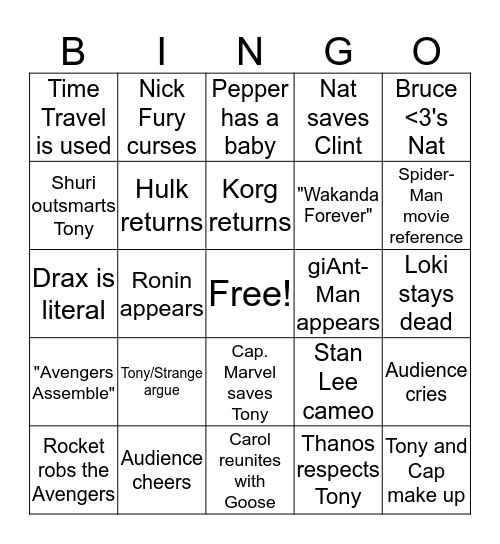 Avengers: Endgame Bingo Card