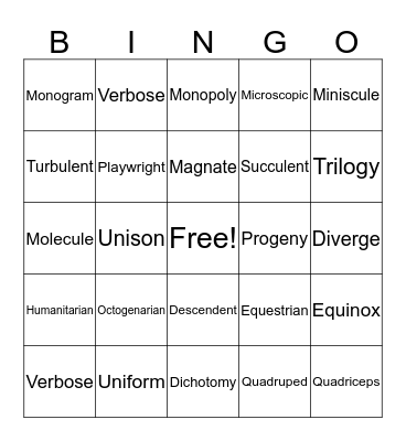 Multifaceted Vocabulary Bingo Card