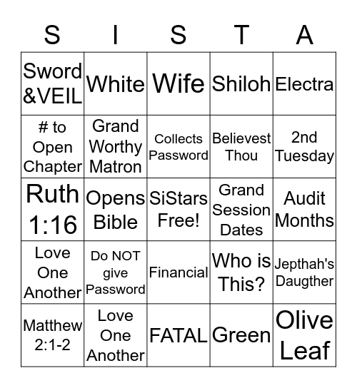 OES SiSTAR Bingo Card