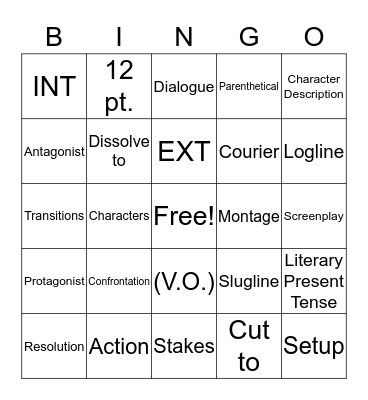 Elements of a Screenplay Bingo Card