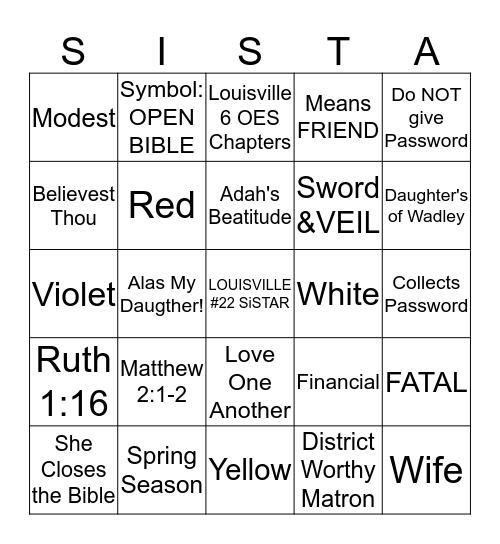 OES SiSTAR Bingo Card