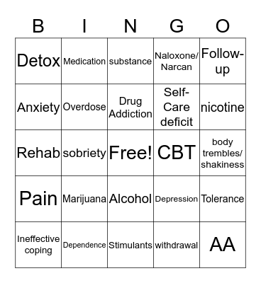 Substance Abuse Bingo Card