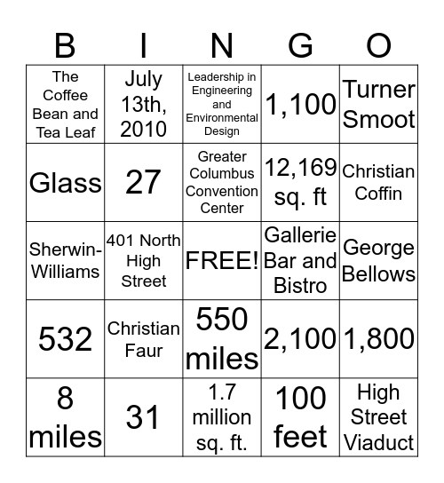 Hilton Columbus Downtown Bingo Card