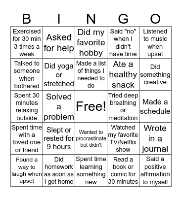 Coping Skills Bingo  Bingo Card