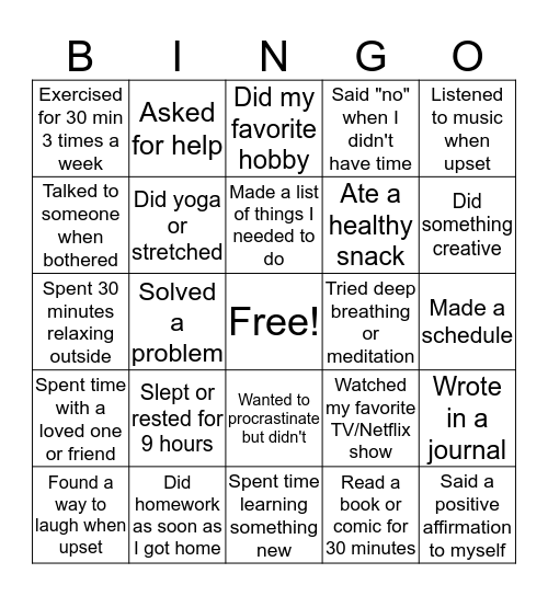 Coping Skills Bingo  Bingo Card