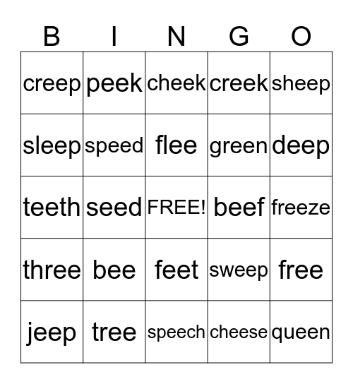 Long /e/ Spelled -ee Bingo Card