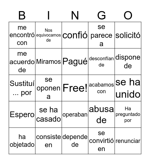 Las Preposiciones Bingo Card