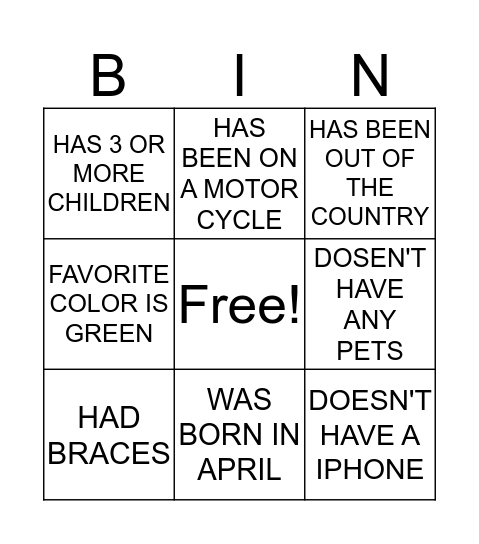Children's Tree House Bingo Card