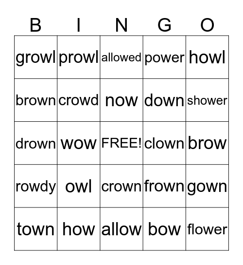 Diphthong -ow like in owl Bingo Card