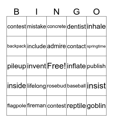 Syllable Bingo Card