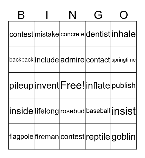 Syllable Bingo Card