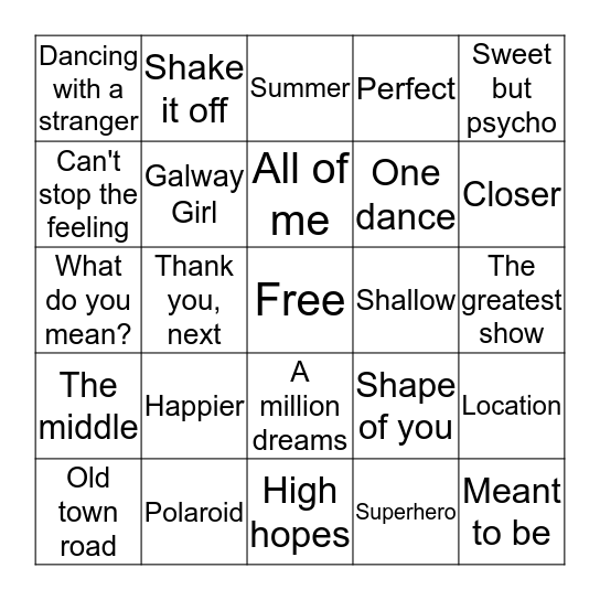 Today's Top Hits Bingo Card