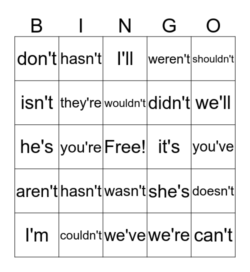 Spring Contractions Bingo Card