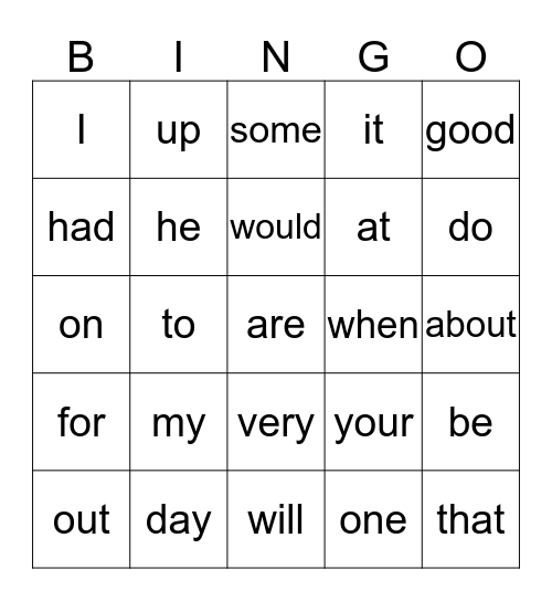 Fry Words Bingo Card