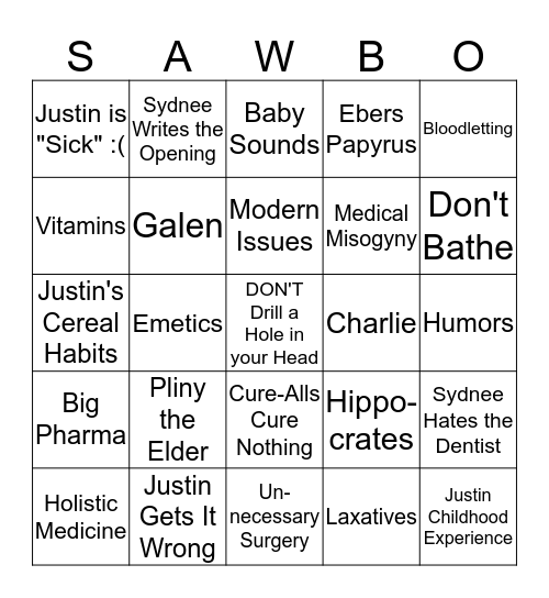 Sawbones Bingo Card