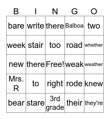 homophones Bingo Card