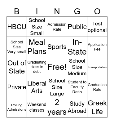 College Bingo Card