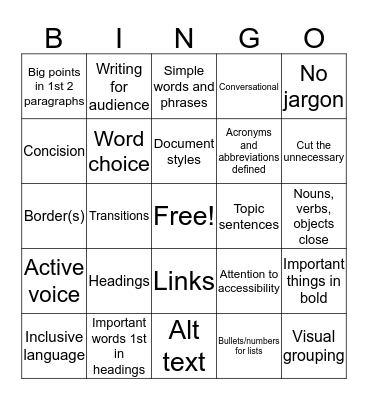 Inclusive Writing and Design Bingo Card