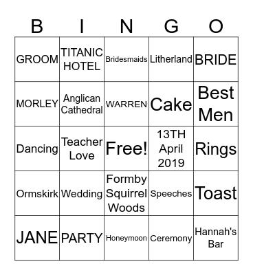 Morley's Wedding Bingo Selector Bingo Card