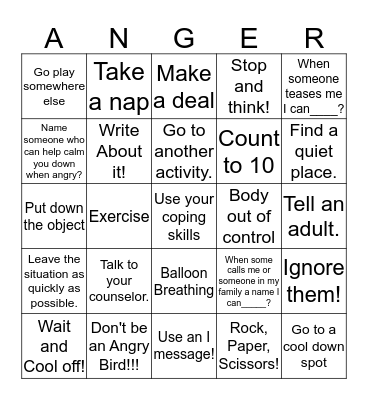 Anger Coping Skils Bingo Card