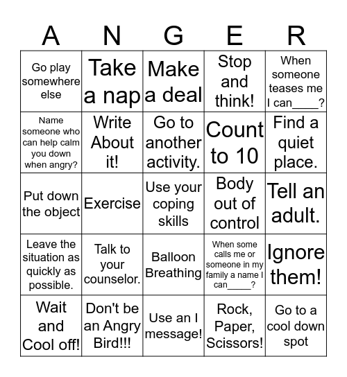 Anger Coping Skils Bingo Card