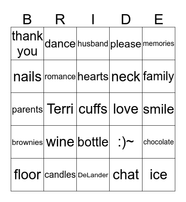 BRIDAL BINGO Card