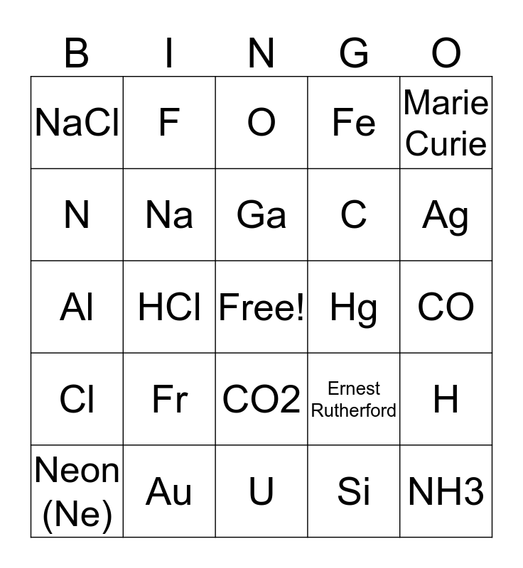 Chemistry Club Bingo Card