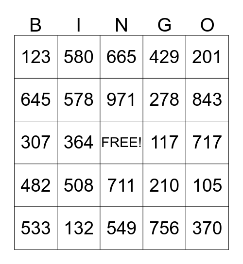 100s Place Value Bingo Card