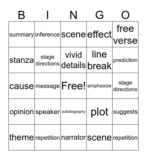 STAAR Reading BINGO Card