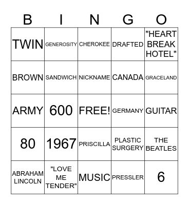 ELVIS TRIVIA! Bingo Card