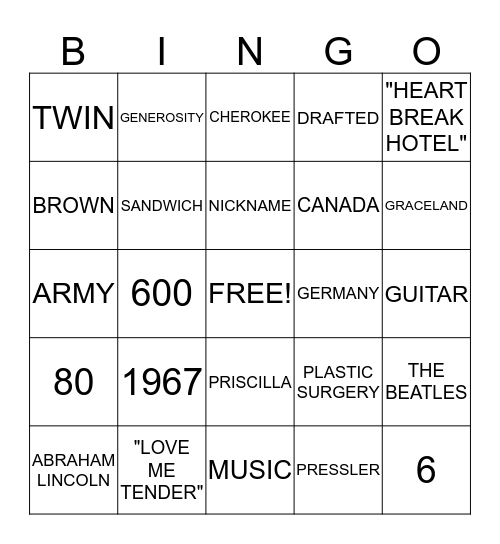 ELVIS TRIVIA! Bingo Card