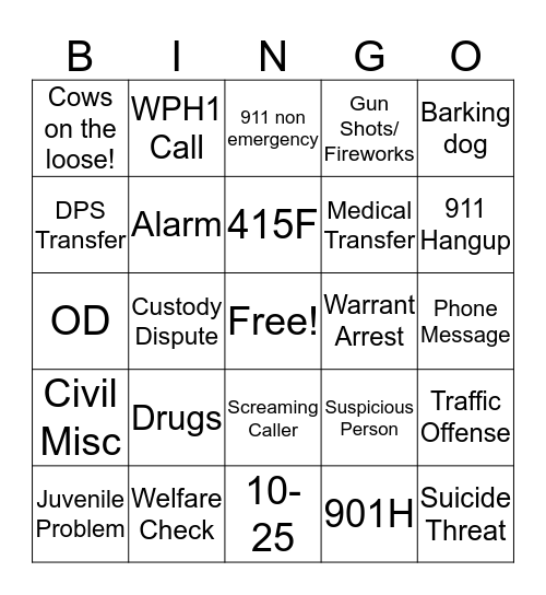 Dispatch Call BINGO  Bingo Card