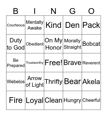 Cub Scout Bingo Card