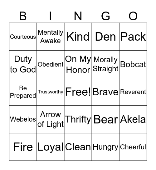 Cub Scout Bingo Card