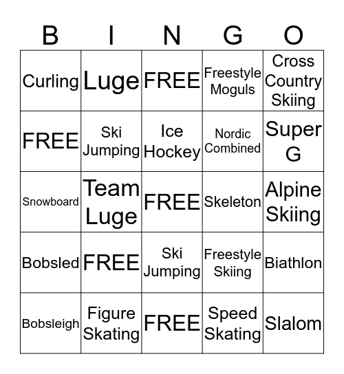 Winter Olympics Bingo Card