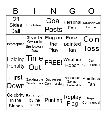 Super Bowl Bingo Card