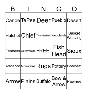Native American Bingo Card