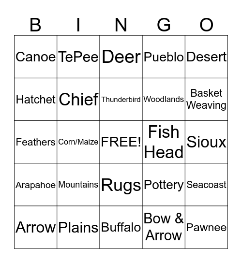 Native American Bingo Card