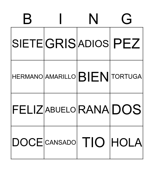 SPANISH BINGO Card