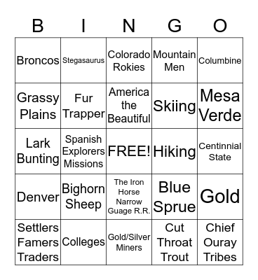 Colorado Symbols Bingo Card