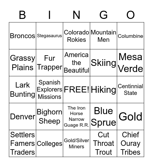 Colorado Symbols Bingo Card
