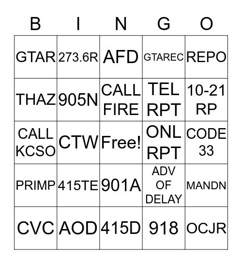 Dispatcher Bingo Card