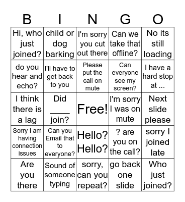 WEBEX and Conference Call Bingo Card